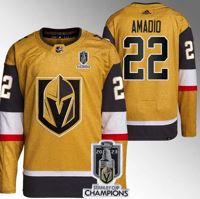 Mens Vegas Golden Knights #22 Michael Amadio Gold 2023 Stanley Cup Champions Stitched Jersey->vegas golden knights->NHL Jersey